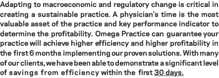 Adapting to macroeconomic and regulatory change is critical in creating a sustainable practice. A physician’s time is the most valuable asset of the practice and key performance indicator to determine the profitability. Omega Practice can guarantee your practice will achieve higher efficiency and higher profitability in the first 6 months implementing our proven solutions. With many of our clients, we have been able to demonstrate a significant level of savings from efficiency within the first 30 days.